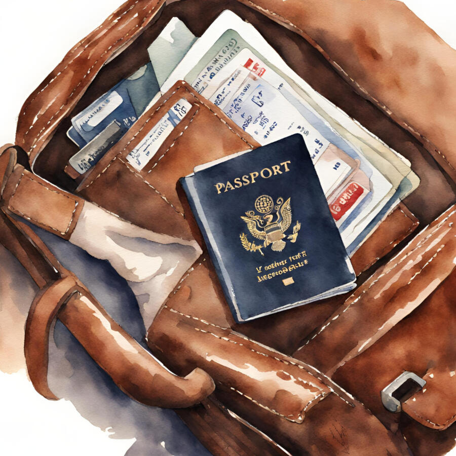 Photo of a leather duffle bag and a man holding a passport